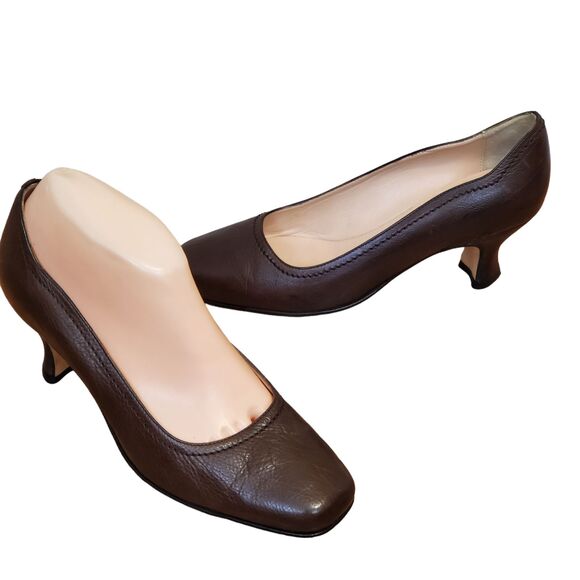 Anyi Lu Brown Leather Pumps Sculpted 2" Heels Shoes 38/7.5 Square Toe Classic - Picture 1 of 6